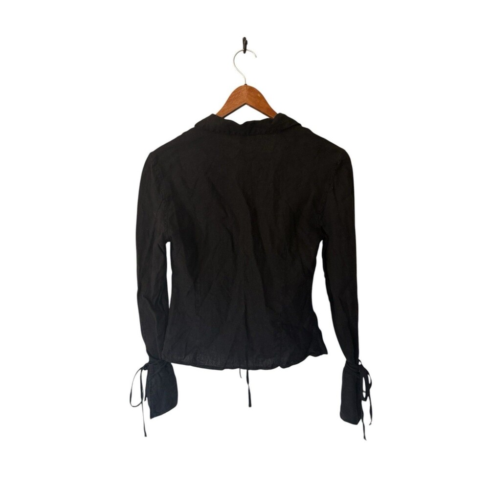 ZARA Black Linen Tie Front Long Sleeve V-Neck Shirt Size XS Trendy Stylish - Picture 3 of 8